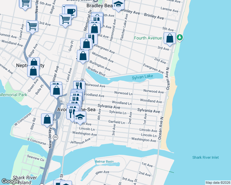 map of restaurants, bars, coffee shops, grocery stores, and more near 615 3rd Avenue in Avon-by-the-Sea