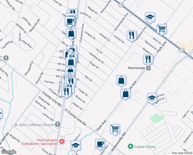 map of restaurants, bars, coffee shops, grocery stores, and more near 344 Fir Street in Warminster