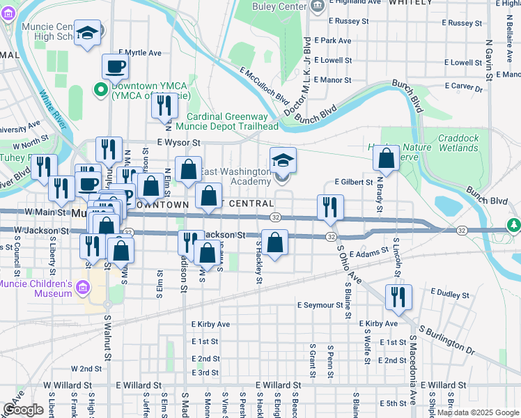 map of restaurants, bars, coffee shops, grocery stores, and more near 112 North Hackley Street in Muncie