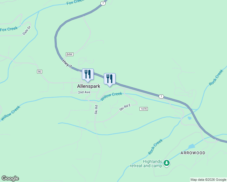 map of restaurants, bars, coffee shops, grocery stores, and more near 454 Business Highway 7 in Allenspark