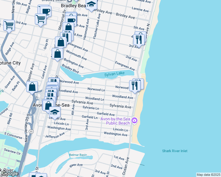 map of restaurants, bars, coffee shops, grocery stores, and more near 121 Norwood Avenue in Avon-by-the-Sea