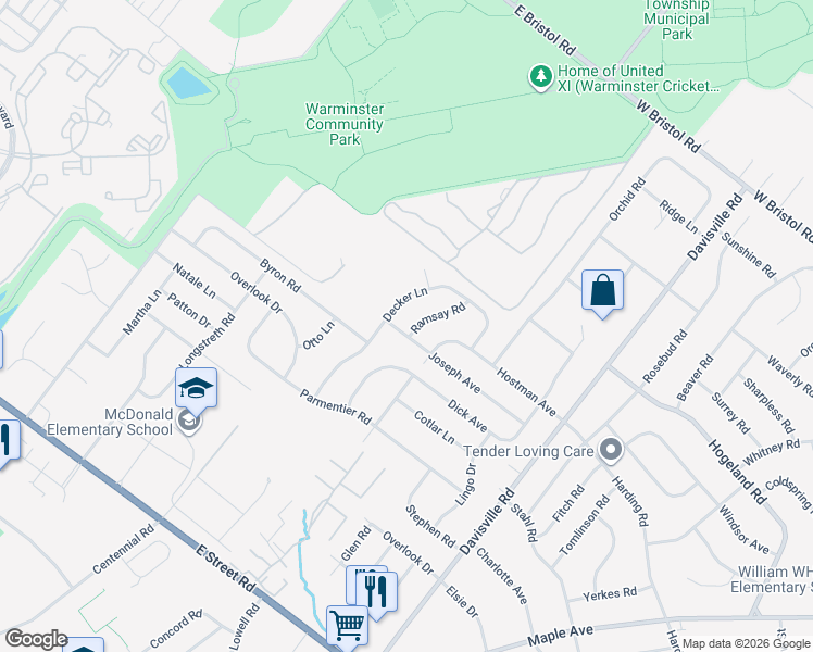 map of restaurants, bars, coffee shops, grocery stores, and more near 944 Ramsay Road in Warminster