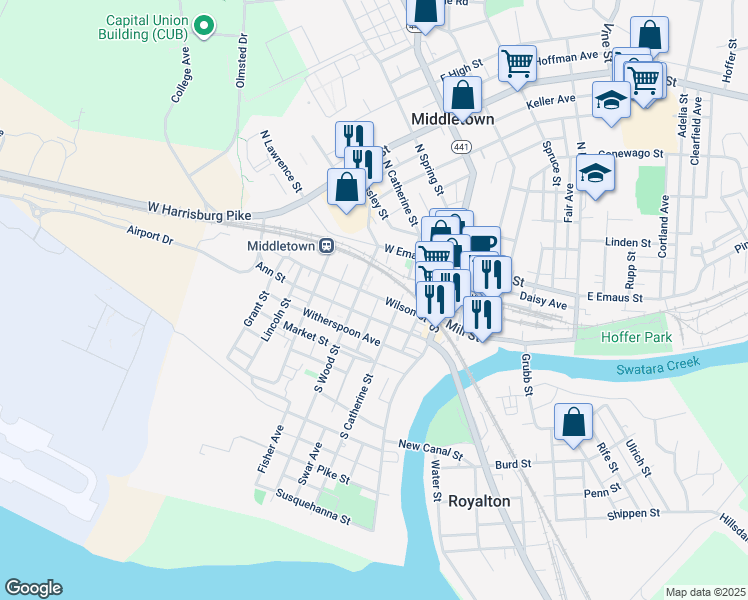 map of restaurants, bars, coffee shops, grocery stores, and more near 124 Wilson Street in Middletown