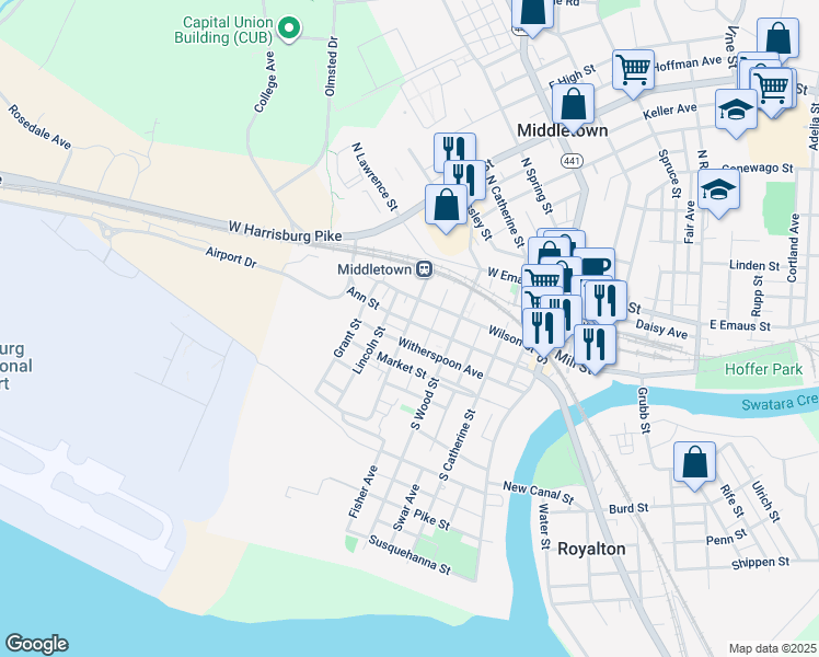 map of restaurants, bars, coffee shops, grocery stores, and more near 266 Ann Street in Middletown