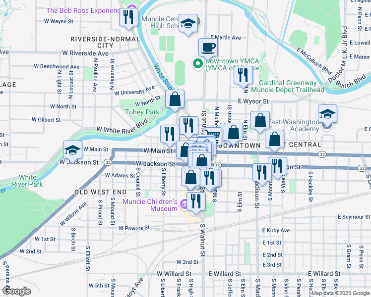 map of restaurants, bars, coffee shops, grocery stores, and more near in Muncie