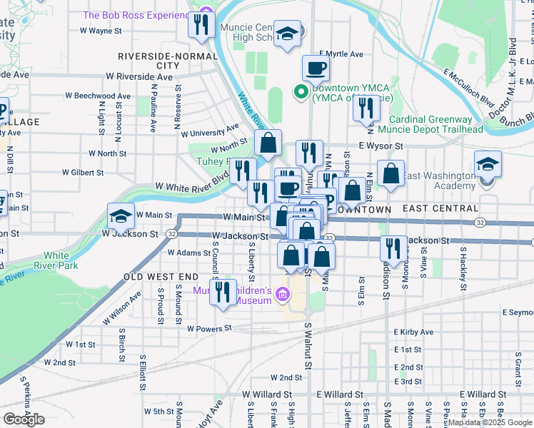 map of restaurants, bars, coffee shops, grocery stores, and more near 300 West Main Street in Muncie