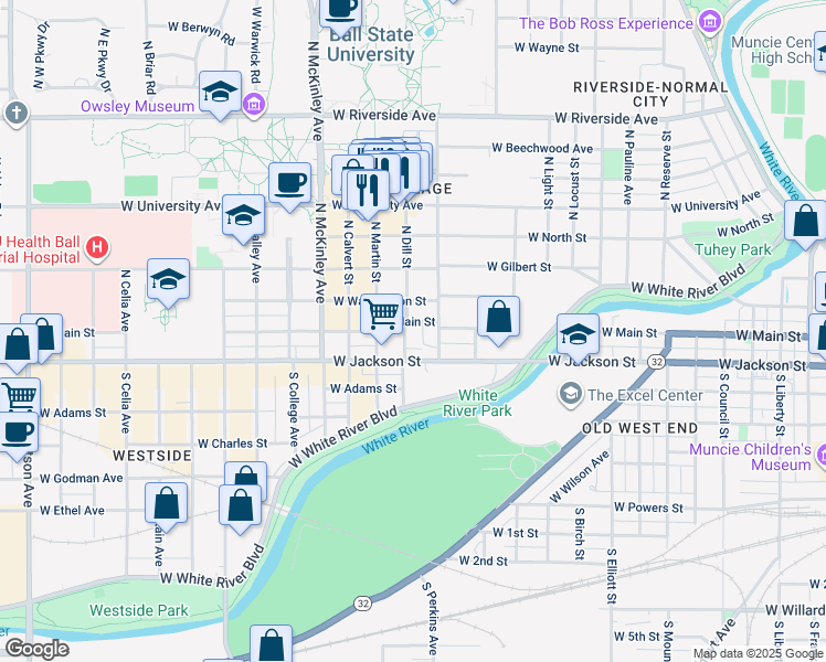 map of restaurants, bars, coffee shops, grocery stores, and more near 1515 West Main Street in Muncie