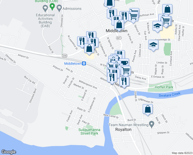 map of restaurants, bars, coffee shops, grocery stores, and more near 140 Wilson Street in Middletown