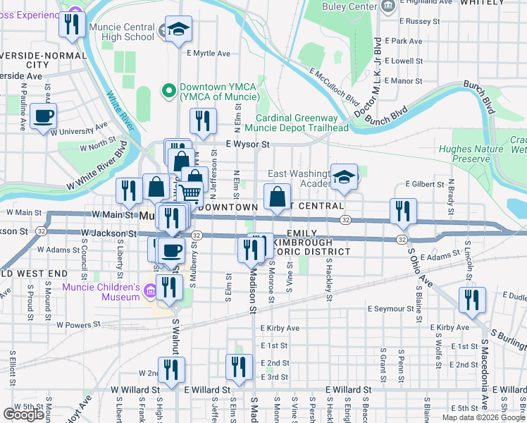 map of restaurants, bars, coffee shops, grocery stores, and more near 520 East Main Street in Muncie