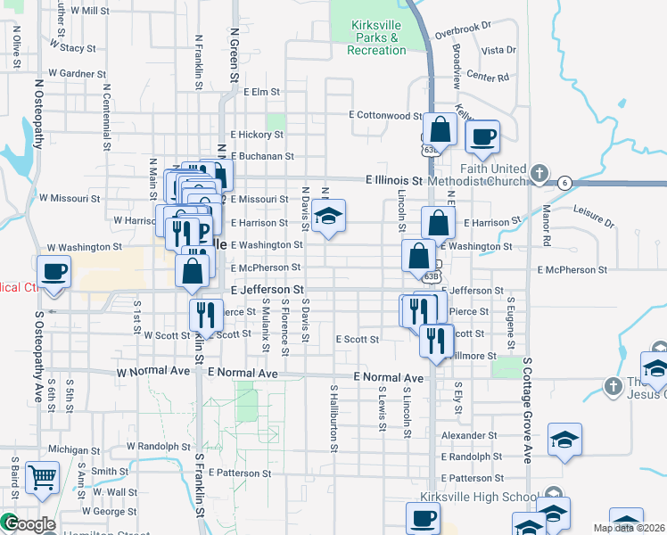 map of restaurants, bars, coffee shops, grocery stores, and more near 699 East McPherson Street in Kirksville