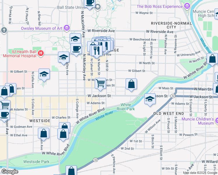 map of restaurants, bars, coffee shops, grocery stores, and more near 1515 West Main Street in Muncie