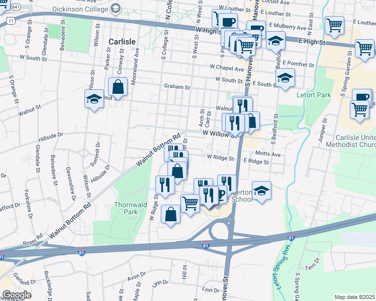 map of restaurants, bars, coffee shops, grocery stores, and more near 135 West Ridge Street in Carlisle
