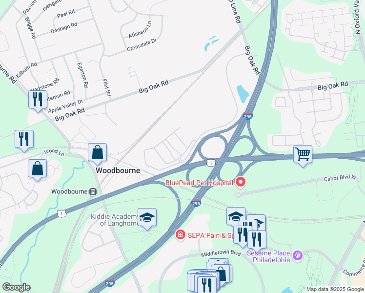 map of restaurants, bars, coffee shops, grocery stores, and more near 6108 Harper's Crossing in Langhorne