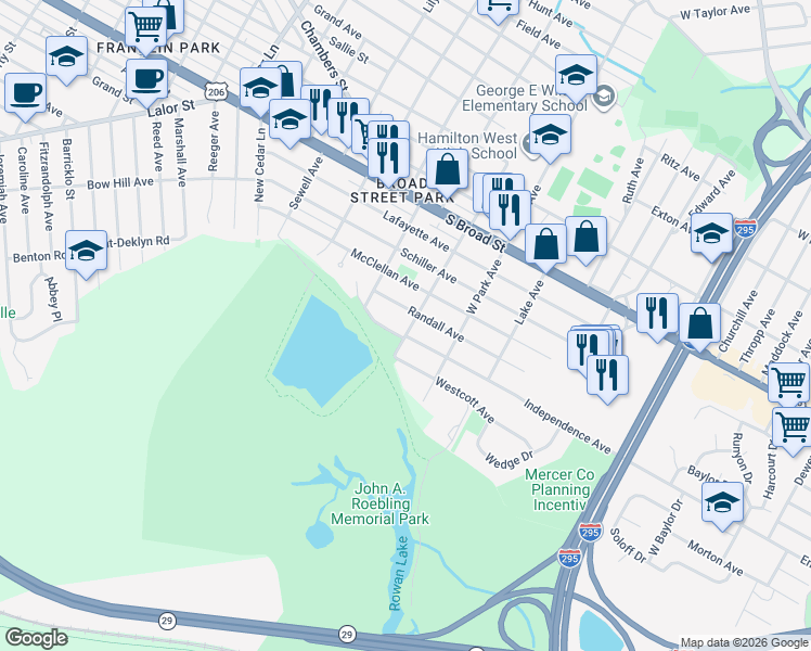 map of restaurants, bars, coffee shops, grocery stores, and more near 419 Rowan Avenue in Hamilton Township
