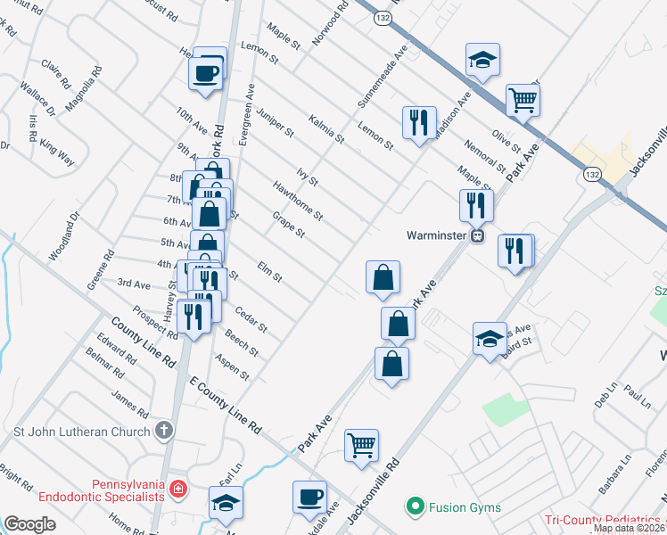 map of restaurants, bars, coffee shops, grocery stores, and more near 310 Grape Street in Warminster
