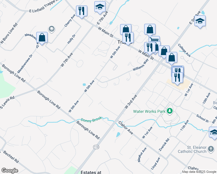 map of restaurants, bars, coffee shops, grocery stores, and more near 417 Franklin Court in Collegeville