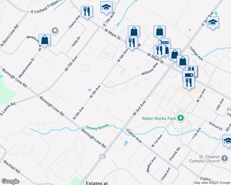 map of restaurants, bars, coffee shops, grocery stores, and more near 417 Franklin Court in Collegeville