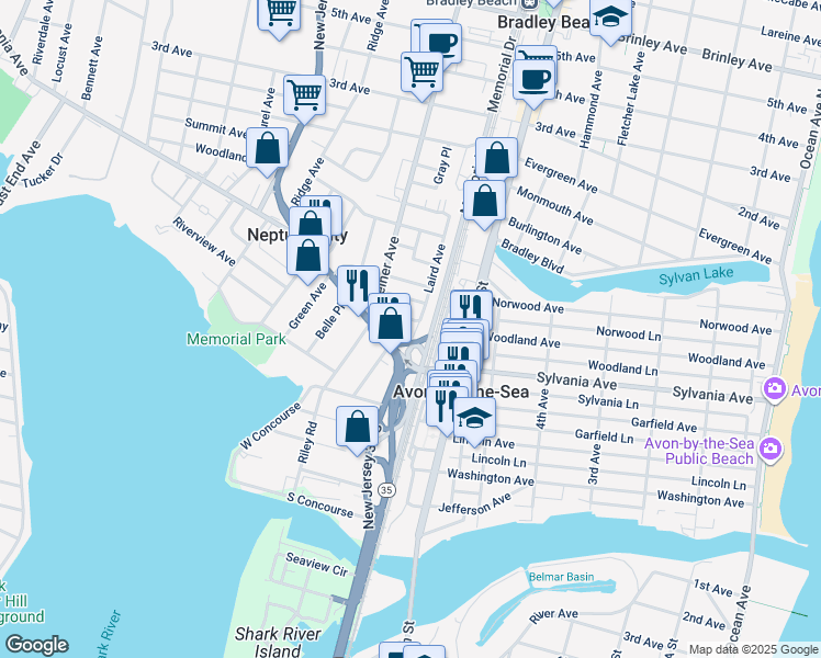 map of restaurants, bars, coffee shops, grocery stores, and more near 57 Laird Avenue in Neptune City