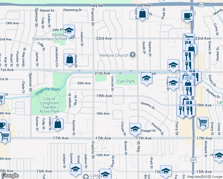 map of restaurants, bars, coffee shops, grocery stores, and more near 1917 Lincoln Street in Longmont