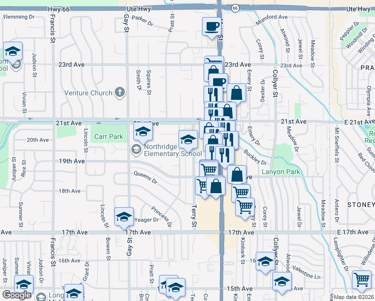 map of restaurants, bars, coffee shops, grocery stores, and more near 2003 Terry Street in Longmont