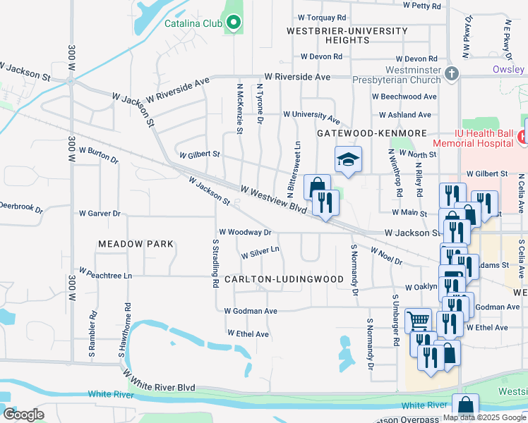 map of restaurants, bars, coffee shops, grocery stores, and more near 3820 West Jackson Street in Muncie