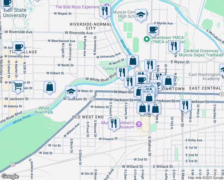 map of restaurants, bars, coffee shops, grocery stores, and more near 524 West Main Street in Muncie