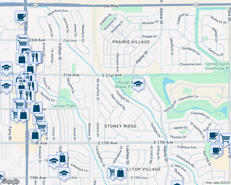 map of restaurants, bars, coffee shops, grocery stores, and more near 1933 Sunlight Drive in Longmont