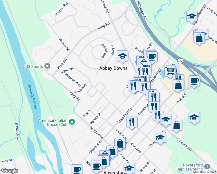 map of restaurants, bars, coffee shops, grocery stores, and more near 406 Horseshoe Drive in Royersford