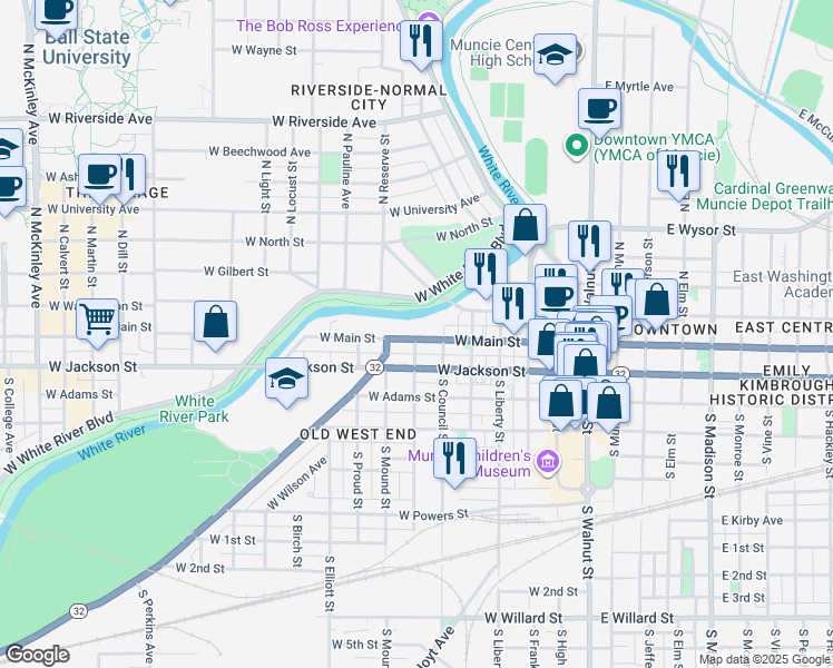 map of restaurants, bars, coffee shops, grocery stores, and more near 708 West Main Street in Muncie