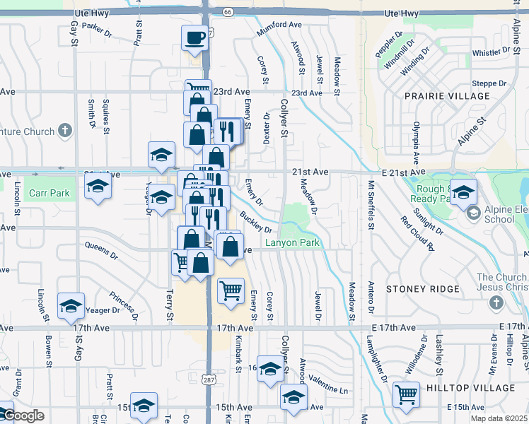 map of restaurants, bars, coffee shops, grocery stores, and more near 325 Emery Drive in Longmont