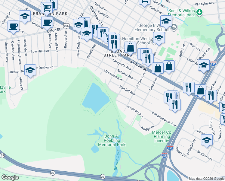 map of restaurants, bars, coffee shops, grocery stores, and more near 419 Rowan Avenue in Hamilton Township