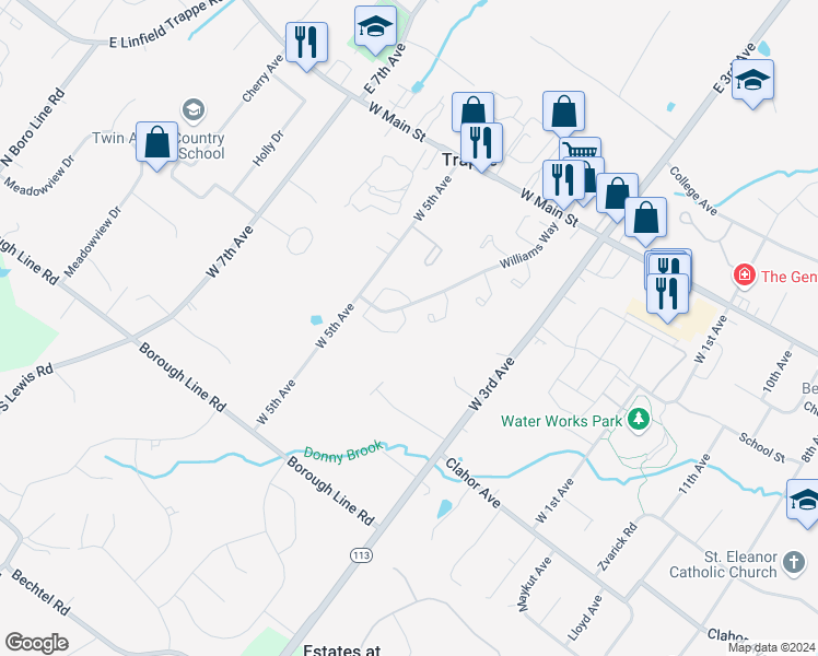 map of restaurants, bars, coffee shops, grocery stores, and more near 415 Franklin Court in Collegeville