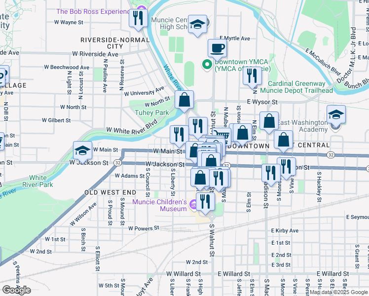 map of restaurants, bars, coffee shops, grocery stores, and more near 300 West Main Street in Muncie