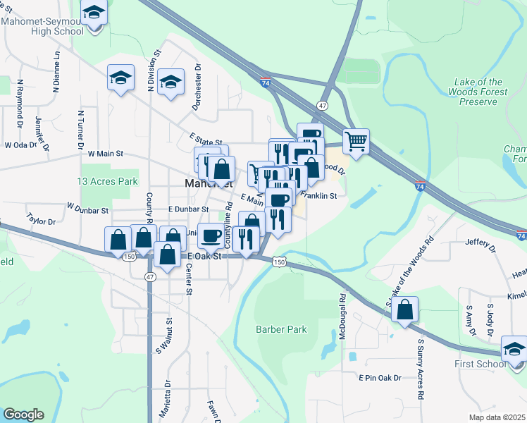map of restaurants, bars, coffee shops, grocery stores, and more near 601 East Main Street in Mahomet