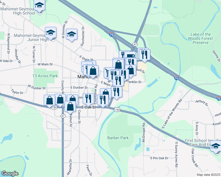 map of restaurants, bars, coffee shops, grocery stores, and more near 601 East Main Street in Mahomet