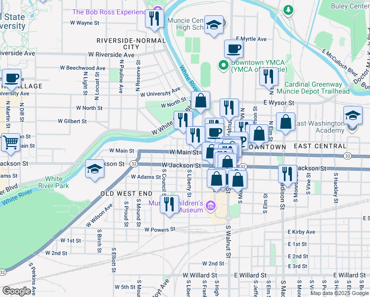 map of restaurants, bars, coffee shops, grocery stores, and more near 406 West Main Street in Muncie