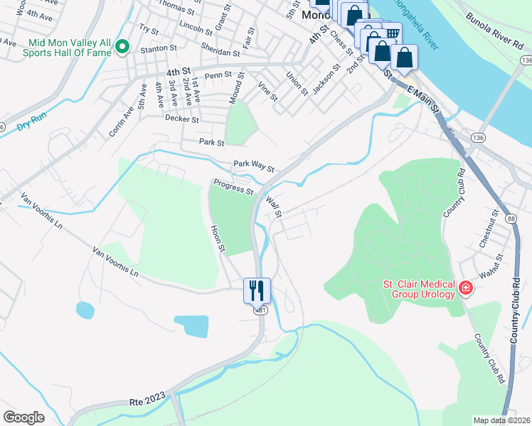 map of restaurants, bars, coffee shops, grocery stores, and more near 812 Stockdale Avenue in Monongahela