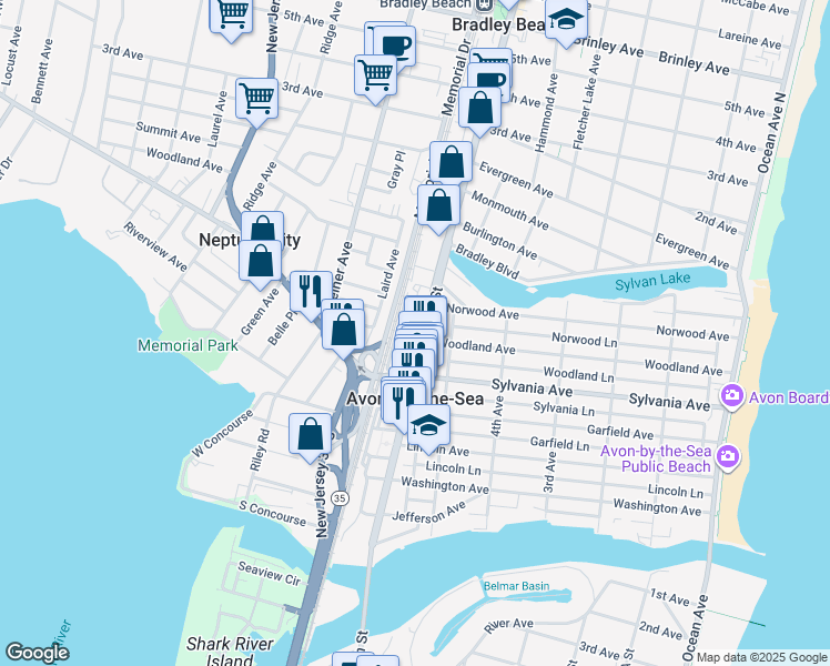 map of restaurants, bars, coffee shops, grocery stores, and more near 614 Woodland Avenue in Avon-by-the-Sea