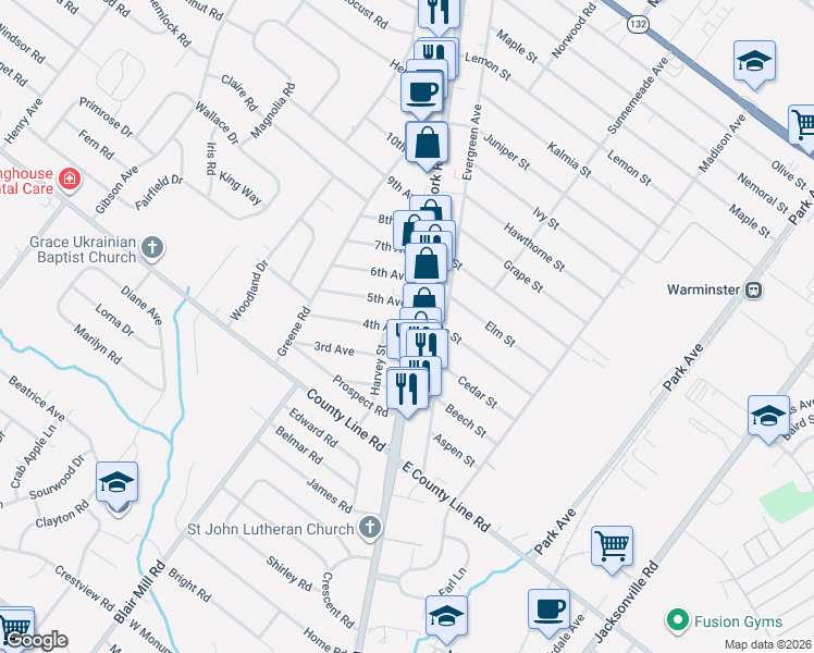 map of restaurants, bars, coffee shops, grocery stores, and more near 138 York Road in Warminster