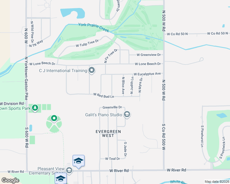 map of restaurants, bars, coffee shops, grocery stores, and more near 204 North Bayberry Lane in Muncie