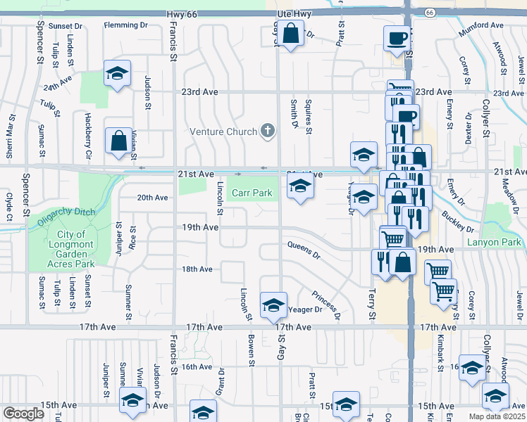 map of restaurants, bars, coffee shops, grocery stores, and more near 1358 Merl Place in Longmont