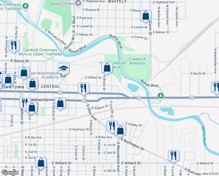 map of restaurants, bars, coffee shops, grocery stores, and more near 1501 East Washington Street in Muncie