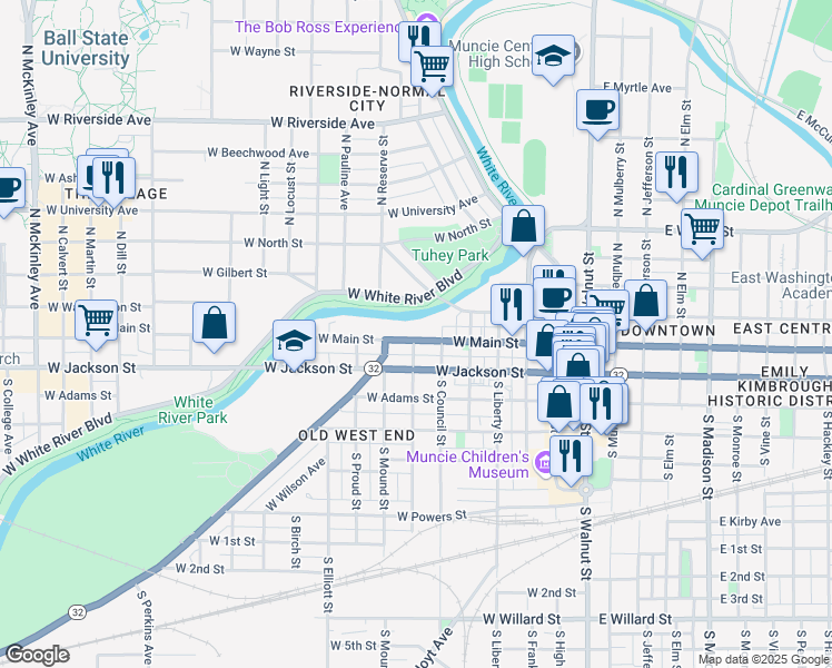 map of restaurants, bars, coffee shops, grocery stores, and more near 708 West Main Street in Muncie