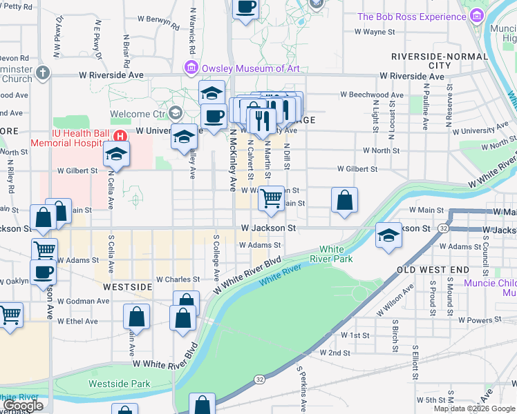 map of restaurants, bars, coffee shops, grocery stores, and more near 100 South Martin Street in Muncie