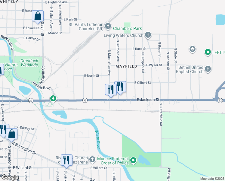 map of restaurants, bars, coffee shops, grocery stores, and more near 102 N Manhattan Ave in Muncie