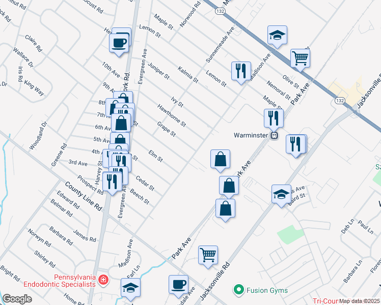 map of restaurants, bars, coffee shops, grocery stores, and more near 310 Grape Street in Warminster