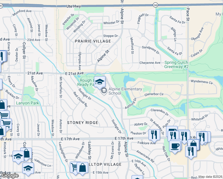 map of restaurants, bars, coffee shops, grocery stores, and more near 2005 Alpine Street in Longmont