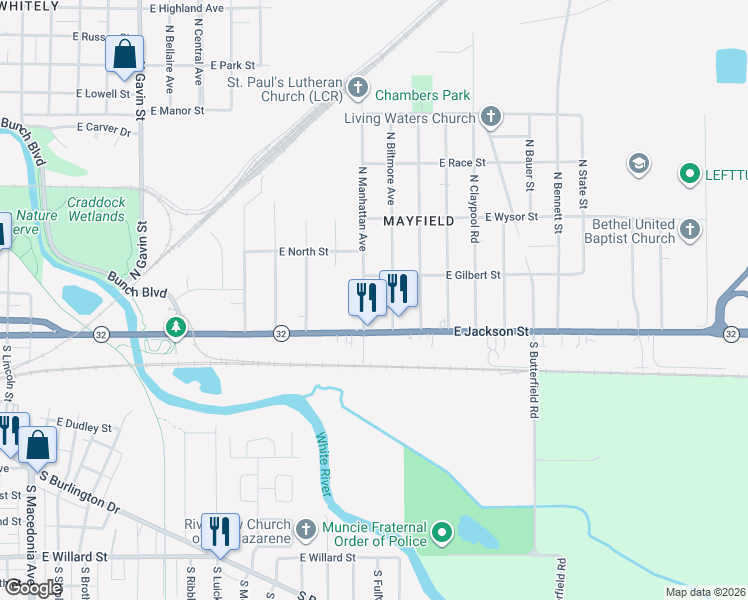 map of restaurants, bars, coffee shops, grocery stores, and more near 102 North Manhattan Avenue in Muncie
