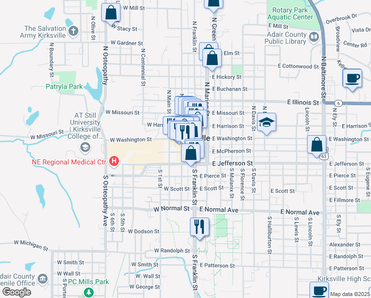 map of restaurants, bars, coffee shops, grocery stores, and more near 119 South Elson Street in Kirksville