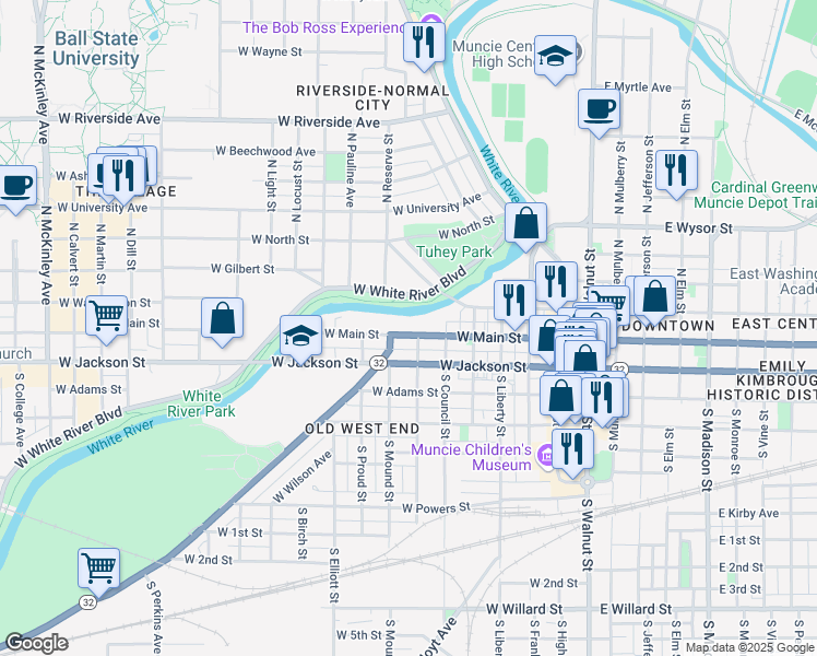 map of restaurants, bars, coffee shops, grocery stores, and more near 708 West Main Street in Muncie